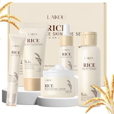 LAIKOU Arroz Kit Cuidado de la Piel, Kit Skincare Facial Adolescente, Set Regalo Cuidado de la Piel Mujer, con Limpiador Tónico Contorno de Ojos Suero y Crema, para Cuidado Facial Revitalizante