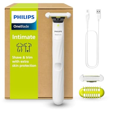 Philips OneBlade Intimate, diseñada para el cuidado púbico, Recorta y afeita con protección extra para la piel, modelo QP1924/30