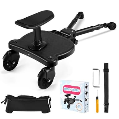 JoyCushy Patin Carro Bebe Universal con Asiento,Buggy Board para niños con bolsa,Diseño estable de dos ruedas, con correa de suspensión,Accesorio para cochecito para niños de 2 a 6 años (25 kg),negro