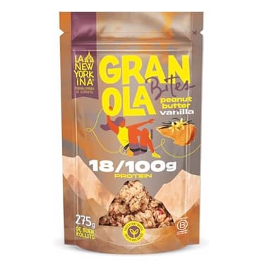 LA NEWYORKINA BITES Granola Peanut Butter Vainilla con copos de avena y crema de cacahuete. Granola con el profundo sabor de la mantequilla de cacahuete y el toque perfecto de vainilla. 275gr