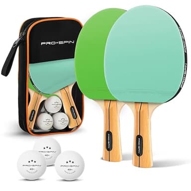 PRO-SPIN Palas de Ping Pong - Set con Raquetas de Tennis de Mesa Premium, Pelotas Ping Pong 3 Estrellas y Estuche Compacto | Set Profesional de Raquetas y Pelotas (Set de 2 Jugadores, Menta/Verde)