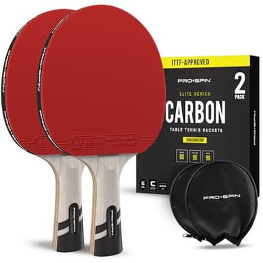 PRO-SPIN Palas de Ping Pong - Homologada por la ITTF con Fibra de Carbono | Madera 7-Ply, Goma Ofensiva, Esponja 2 mm (Rojo, Pack de 2)
