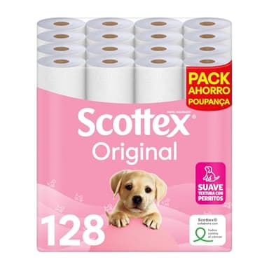 Scottex Original Papel higiénico, 128 rollos, 4 packs de 32 rollos dos capas que proporcionan el equilibro adecuado en suavidad y resistencia