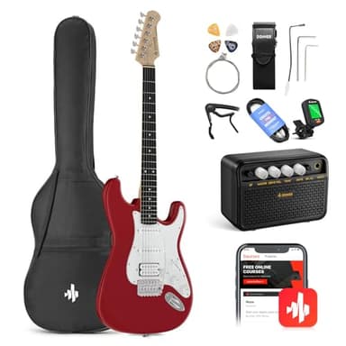 Donner Juego de guitarra eléctrica para principiantes de 39 pulgadas, pastillas S-S-H con amplificador, bolsa, correa, cuerdas, afinador, cable, púas, DST100