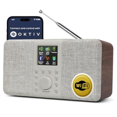 MangoKit SR20 Radio por Internet con WiFi,Radio Dab Portátil con Altavoz Bluetooth,Reproductor de Podcast,FM,Radios de Cocina de Red y Batería,Sonido Estéreo,Pantalla a Color,Doble Alarma-Walnut