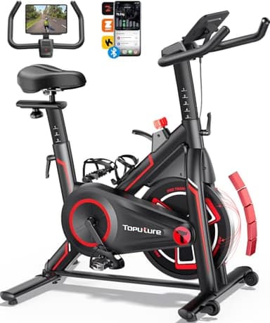 Toputure Bicicleta Estatica Magnética con APP, Bicicleta de Spinning Ultral Silenciosa con Volante 15KG, Asientos Cómodos y LCD Pantallas, Soporte para Tableta, Ejercicio en Casa, MAX150KG