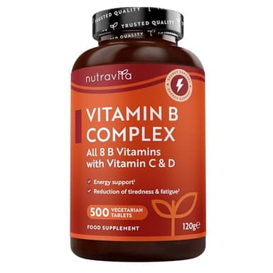Nutravita Vitamina B Complex con Vitamina C D B - 500 Comprimidos de Multivitaminas para +1 Año - Las 8 Vitaminas B + Biotina - Metabolismo, función mental, sistema nervioso (EFSA)