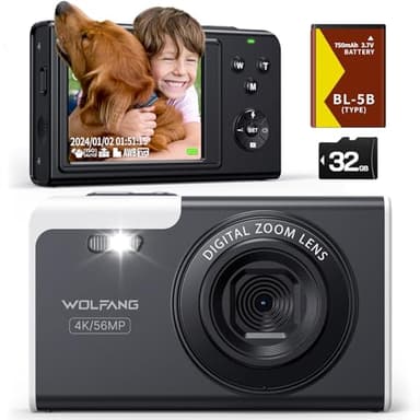 WOLFANG Cámara Digital Portátil Compacta, cámara Infantil 4K para fotografía, Cámara de Fotos de 56 MP, con Zoom de 16X, Recargable Cámara para Niños, Principiantes, Adulto
