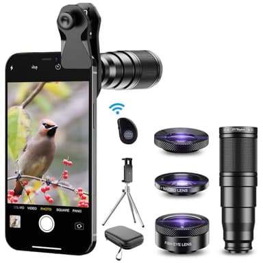 Apexel 4 en 1 Kit de Lente para Teléfono Móvil, Teleobjetivo 22x, Lente de Pesca de 205 °, con Macro 20x, Gran Angular de 120 °, con Trípode para iPhone, Andriod y la Mayoría de los Teléfonos