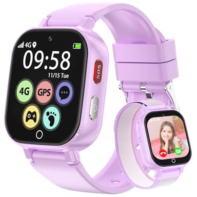 Alutoria Reloj Inteligente niños-Reloj con GPS y Llamadas 4G Videollamadas Chat de Voz Mensajes SOS WiFi Juegos Podómetro-Relojes Smart Watch Niñas Regalos 4-13 Púrpura