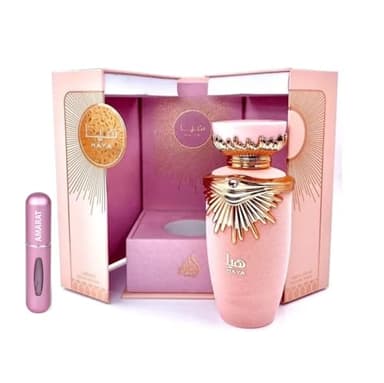 Perfume Haya 100ML, Perfume Árabe para Mujer de Larga Duración, Eau de Parfum, Incluye Atomizador Recargable 5ML, Fragancia Floral y Dulce con Notas de Champán, Gardenia y Praliné (Haya)