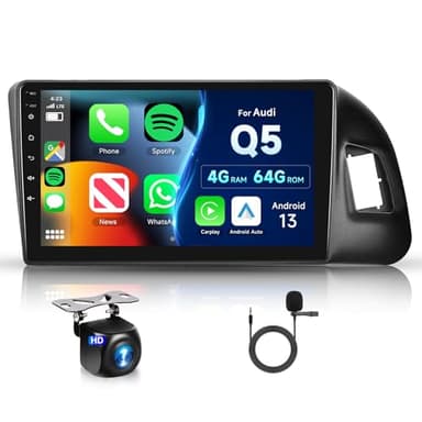 8 Core 4GB+64GB Hodozzy Radio para Audi Q5 2010-2018, 9 Pulgadas Pantalla Táctil GPS Carplay Android Auto Inalámbrico, Android Radio 2 DIN Navigation Bluetooth DSP WiFi FM RDS Cámara Pantalla Coche