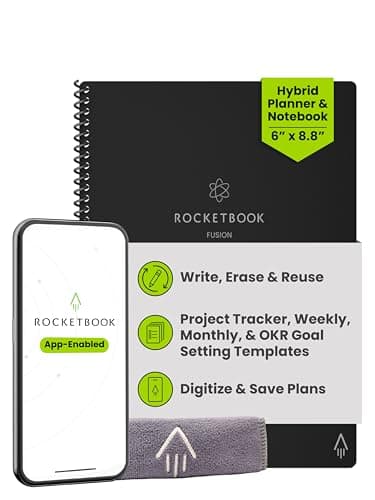 Rocketbook Fusion Reutilizable Agenda y Cuaderno Conectados Digitalmente con Bolígrafo, Paño y Aplicación, Negro, 7 Estilos de Página, Tamaño A5 15 cm x 22,4 cm, 42 Páginas