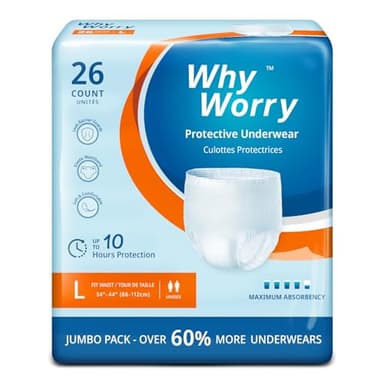 WhyWorry Pañales para Adultos con Incontinencia, Bragas Absorbentes Desechables para Hombres y Mujeres, Ropa Interior con Máxima Absorción para Ancianos, Antiolor, Unisex, Talla L, 26 Unidades