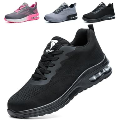 WUAYAMI Zapatos De Seguridad Hombre Mujer Zapatillas de Trabajo Ligeros Calzado de Seguridad con Puntera de Acero Calzado De Trabajo Comodo Transpirables, Negro, 42 EU