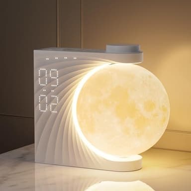 RETEYUNG Lámpara Luna con Reloj Despertador, Despertador amanecer, Luz Nocturna RGB 8 Colores, 10 Sonidos Naturales, Función Snooze, 3 Niveles de Luz para Dormitorio, Adultos y Niños