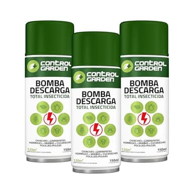 CONTROL GARDEN Pack 3 Insecticida Descarga Total 150 ML Interior y Exterior | Repelente Anti Insectos: Chinches, Ácaros, Hormigas, Arañas... | Fungicida Larvicida Ovicida Bomba de Humo Espacios 120 m2