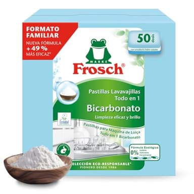 Frosch - Pastillas Lavavajillas a Máquina Todo en 1 con Bicarbonato, Limpieza y Brillo, Sin Componente Animal, Ni Fosfatos, Ni Fosfonatos - 50 Dosis, 0.2 kg