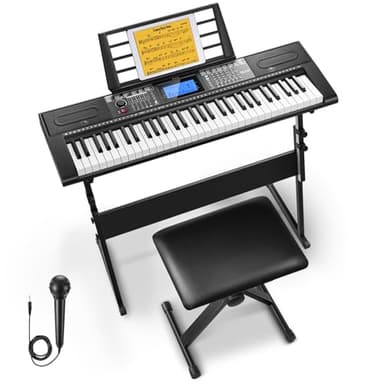 Donner Keyboard Piano 61 Key, Kit de teclado eléctrico con 249 voces, 249 ritmos - Incluye soporte de piano, taburete, micrófono, regalo para principiantes, negro (DEK-610S)