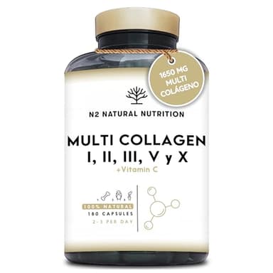 Multi Colágeno Hidrolizado Puro 1650mg + Vitamina C 53mg. Colágeno Tipo I, II, III, V y X. Favorece la Salud de Piel, Cabello, Huesos y Articulaciones. 180 capsulas. N2 Natural Nutrition.