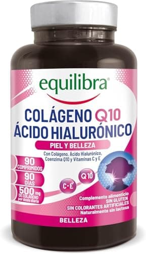 Equilibra Complemento alimenticio, Colágeno Q10 Ácido Hialurónico, Bueno estado de la piel, a Base de Colágeno Hidrolizado, Ácido Hialurónico, Coenzima Q10, Vitaminas C y E, 90 Comprimidos