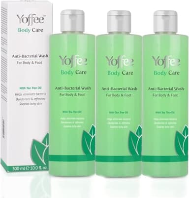 Yoffee Anti-Bacterial Wash, Pack de 3 Geles de Ducha Desinfectante, Jabon Antibacteriano Aceite Árbol de Té y Coco, Elimina Bacteria, Anti-Irritaciones e Inflamaciones, 900ml