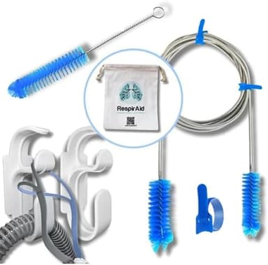 Kit de limpieza CPAP Respiraid: Cepillos para tubos CPAP 15 x 19 mm, bolsa protectora máscara CPAP, soporte y kit para máscara de apnea del sueño. Compatible con todas las máquinas CPAP y máscaras
