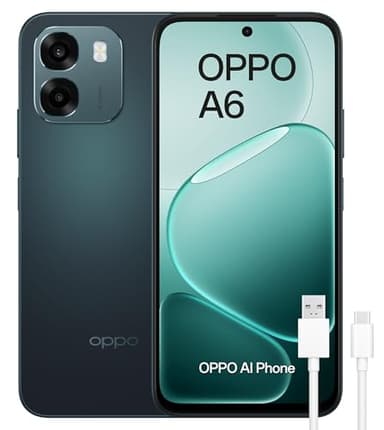 OPPO A6 4G - Smartphone Libre con IA, 6GB RAM+256GB, Batería 6500 mAh, Carga Rápida 45W, Pantalla LCD HD+ 120Hz, IP69, Cámara 50MP AI, Dual SIM, Versión Española - Negro