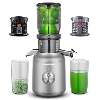 Extractor de zumos y verduras-AOBOSI 250W licuadora prensado en frio -Extractor de zumo con 103MM de diámetro y 2 filtros sin metal-1.2L Juicer con 2 patentes y protección térmica de 40 minutos, Gris