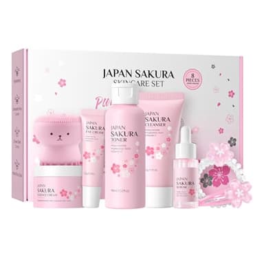 Sakura Set de Cuidado Facial, 8 Piezas Skincare Adolescentes Acessórios, Set Regalo Mujer Skin Care, Hidratante, Iluminador y Antiarrugas, con Limpiador Tónico Sérum, Crema Ojos y Accesorios