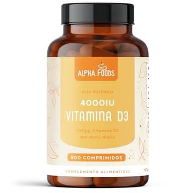 Vitamina D3 4000IU 500 Comprimidos para 16Meses. Vitamina D Alta dosis, Sistema Inmunológico, Huesos y Salud General, Colecalciferol Vegetariano, Sin OGM, Alpha Foods