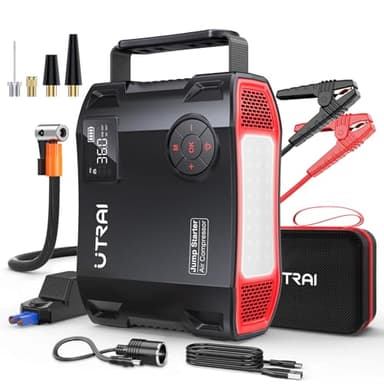 6500A 27000mAh Arrancador de Baterias de Coche con Compresor de Aire/18W Carga Rápida/Luz LED de 1600 lúmenes/160W DC out/Pantalla LCD/QC3.0(para All Gas o 12L Diesel) UTRAI Jump Starter