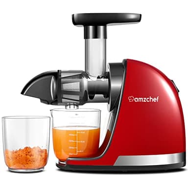 AMZCHEF Licuadora prensado en frío - Extractor de zumos y verduras - Cold press slow juicer machine con función de masticación inversa - Licuadoras para zumos con 2 depósitos y cepillo - Rojo
