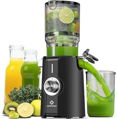 LINKChef Extractor de Zumos y Verduras, 115mm, 1.2L, Licuadora Frutas Verduras, 200W Slow Juicer Machine, Cold Press Juicer Prensado en Frio, Fácil Usar Montar, Sin BPA, Negro