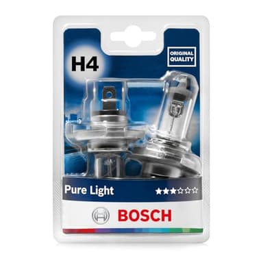 Bosch H4 Pure Light, Lámparas Halógenas para Faro Delantero, 12 V 60/55 W, Calidad Original - Casquillo Tipo P43t - Recambio de Luz para Coche, Paquete de 2 Lámparas