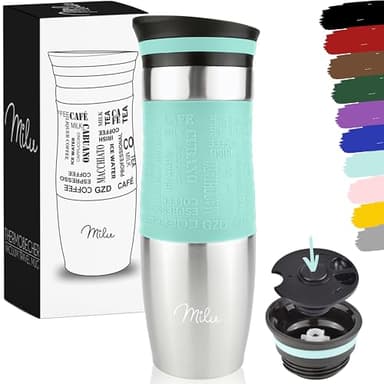 Milu Taza aislante de café y té para llevar 370ml 450ml - 100% a prueba de fugas - Taza de acero inoxidable para beber - vaso de aislamiento al vacío - Caliente y frío (Turquesa, 450ml)