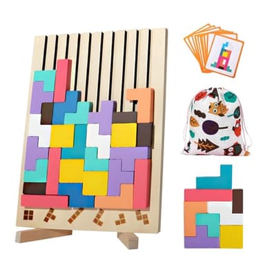 Rompecabezas Madera 3D, Tetris Juegos Montessori, Juguetes Educativos, Inteligencia Jigsaw con 10 Cartas y Bolsa de Almacenamiento, Regalos para Niños de 3, 4, 5 y 6 Años