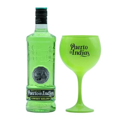 Puerto de Indias – Pack Ginebra de Melon Premium + Copa de Cristal Verde de Regalo – Pack Sweet Melon Premium Gin – 70 cl – 37.5º