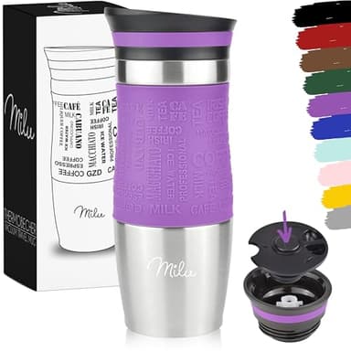 Milu Taza aislante de café y té para llevar 370ml 450ml - 100% a prueba de fugas - Taza de acero inoxidable para beber - vaso de aislamiento al vacío - Caliente y frío (Púrpura, 370ml)