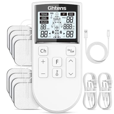 GHTENS 5 en 1 Electroestimulador Muscular‌ Profesional, Recargable 80 Modos de Estimulación, Con Función TENS/EMS/RUSS/IF/DIY y Masaje, 2 Canales, 16 Intensidad, Para el Alivio del Dolor (Blanco)