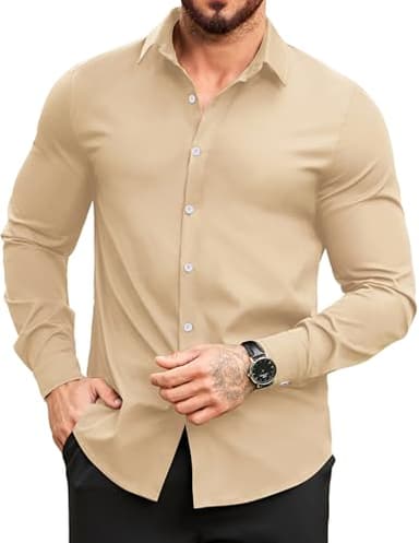 COOFANDY Camisa de manga larga para hombre, con botones, no necesita planchado, casual, de negocios, ajuste regular, camisas lisas, beige, XXL