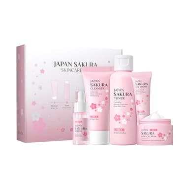 LAIKOU Sakura Set de Cuidado de la Piel, 5 Piezas Kit Hidratante Facial Mujer, Limpiador, Tónico, Suero, Crema para Ojos, Crema Facial, Kit Cuidado de la Piel Mujer, para Adolescentes y Mujeres