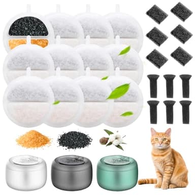Filtros Fuente Gatos, 12 Piezas Filtro Fuente para Gatos con Carbón Activo y Resina y 6 Esponja Silenciadora y 6 Esponjas de Filtro de Bomba para Dispensador Agua Gatos, Mantenga el Agua Limpia