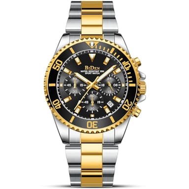 Biden BIDEN-0163 - Reloj analógico de Cuarzo para Hombre con Correa de Acero Inoxidable, Gold Black A B, Pulsera