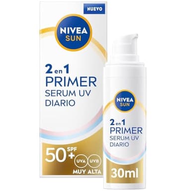 Nivea Sun Primer Sérum UV Diario 2en1, sérum facial con protección solar SPF 50+, protector solar facial que protege y suaviza la piel, crema solar con Ácido Hialurónico y Licocalcón A, 1 x 30 ml
