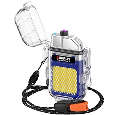SUPRUS Encendedor impermeable y resistente al viento, doble arco, de plasma, eléctrico, recargable, con silbato de emergencia de supervivencia y cordón, color azul