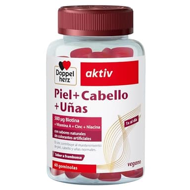 Piel+Cabello+Uñas - Gominolas con Vitaminas A, C, E & B6-500 μg Biotina, Zinc, Selenio - 60 Gomitas Blandas Veganas- Sabor Frambuesa - Doppelherz