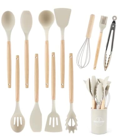 12 Piezas Utensilios Cocina de Silicona, Resistente al Calor Antiadherente, Juego de Utensilios de Cocina de Silicona,Apto para lavavajillas,Accesorios cocina,Juego de cubiertos con cubo(Caqui)
