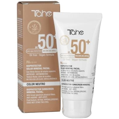Tahe Bioprotector solar mineral facial neutro (sin color) 0% filtros químicos y conservantes, FPS 50+, 50 ml