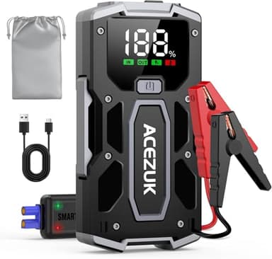 ACEZUK Arrancador de Coches 6000A, 12V Arrancador de Baterias de Coches (para 5.5L Disésel o 7.0L Gas), Jump Starter con 2.5 Inch Pantalla LCD, Clips de Seguridad Inteligentes, Luz LED